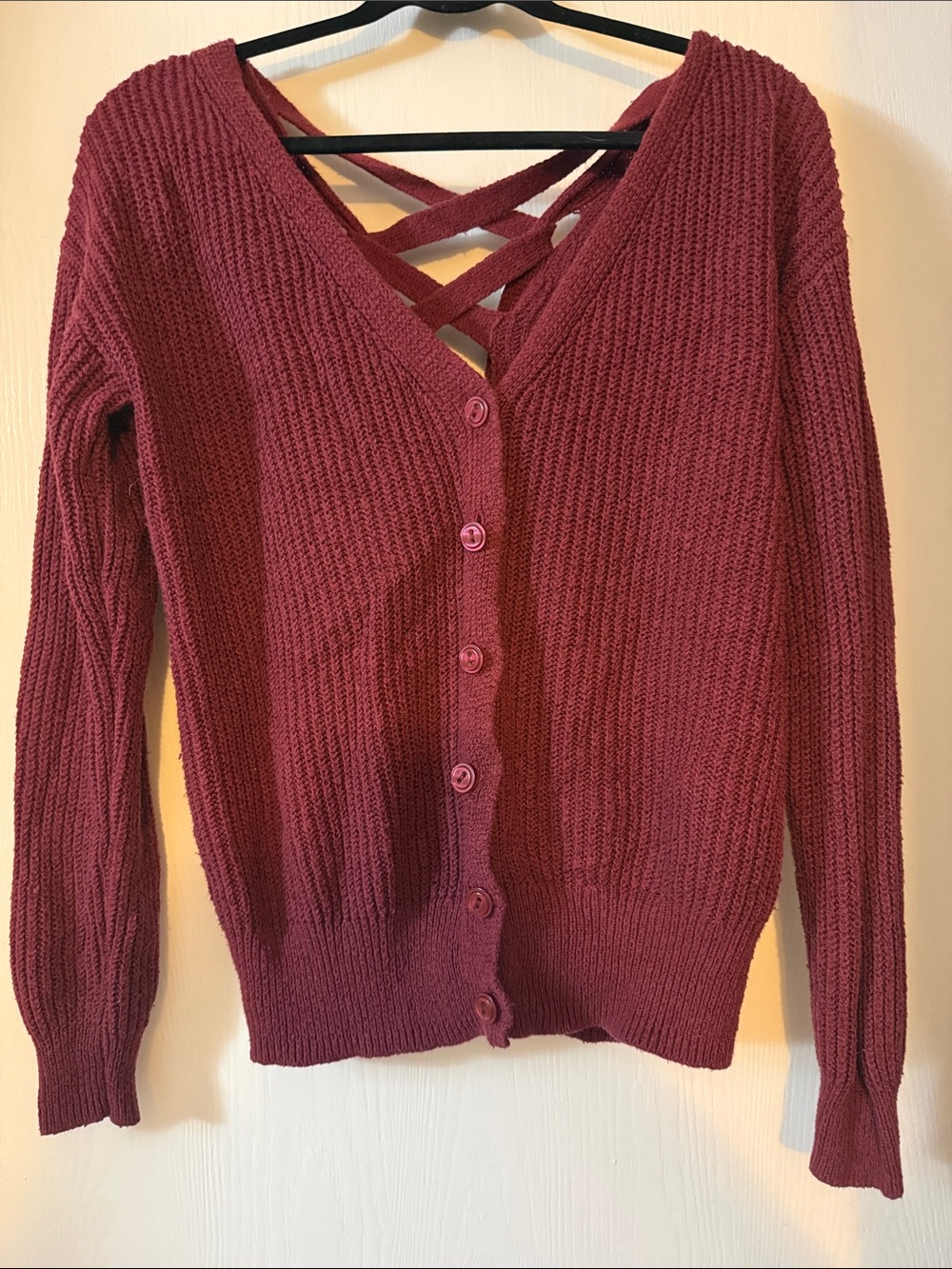 bp Crisscross-Back Ribbed Cardigan - Wine